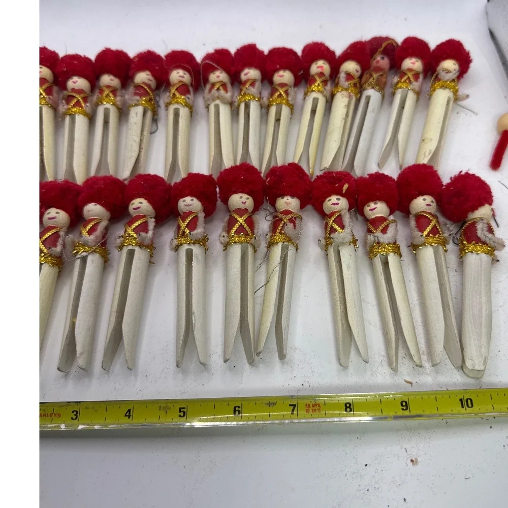 Vintage Handmade Clothespin Soldier Christmas Ornaments Red Gold Lot of 22 4.5